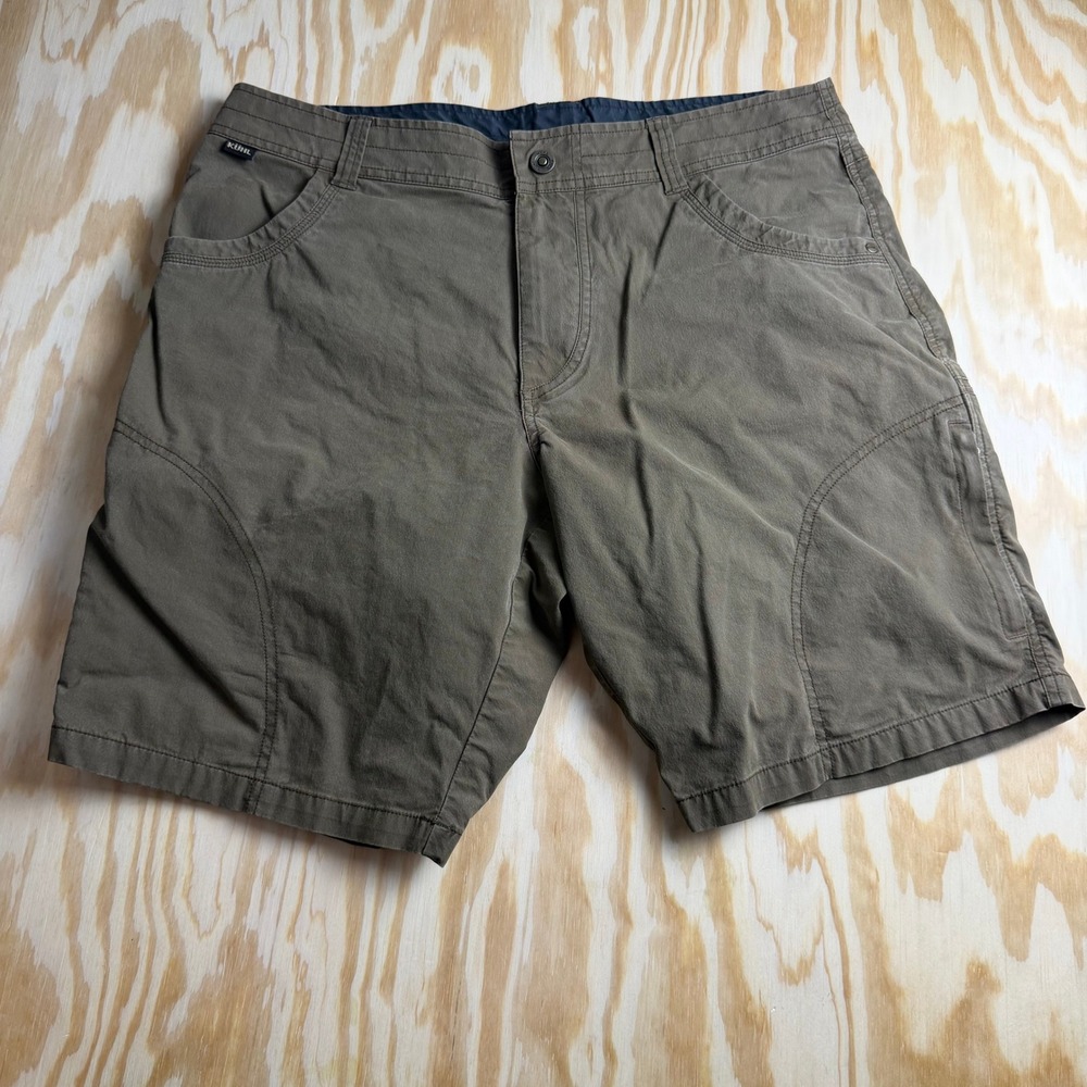 Kuhl Mens 36 Born in the Mountains Cargo Shorts Olive Green Vintage Patina Dye